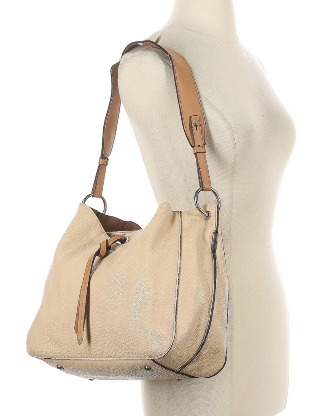 London Fog Cream Shoulder Bag with Tan Strap and Tassel